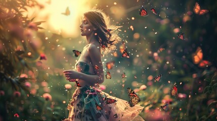 A woman with butterflies flying out of her dress, standing in a blooming garden