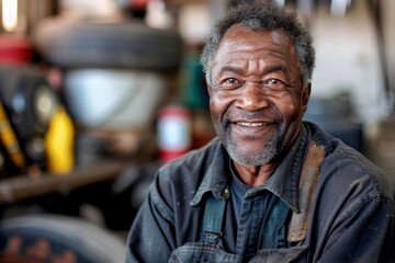 Portrait of a smiling middle aged African American male car mechanic