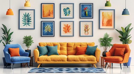 Set of furniture and decorations for house. Colorful stickers with sofas, armchairs, paintings, potted flowers, lamps and bookcase. Cartoon flat vector collection isolated on white background