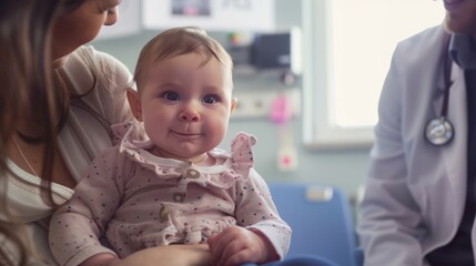 Pediatric Check-Up: Photograph a baby sitting on her mother's lap while being examined by a doctor in a clinic, capturing the tender moment of maternal support during the medical appointment.