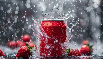 mock up product photograph of a red color aluminum soda can isolated in splash of water with copy space for text, surrounded with strawberries	