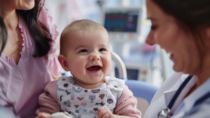 Fototapeta premium Pediatric Health Check-Up: Capture the baby's reaction to the examination as she sits on her mother's lap, surrounded by medical equipment and caring professionals in the doctor's office.