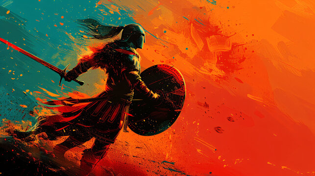 Graphic illustration of a fierce warrior wielding a sword and shield, ready for battle, with dynamic lines and bold colors conveying strength and courage