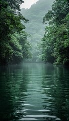 Tranquil jungle river reflecting lush greenery surrounded by dense foliage environment