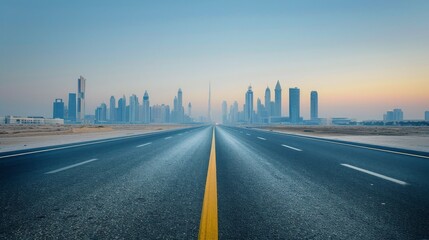 Empty Road Leading Towards A City Skyline During Sunrise