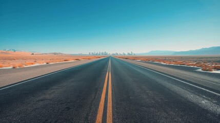 Naklejka premium Empty Road Leading Towards A City Skyline During Sunrise