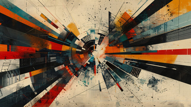 Detailed illustration featuring abstract shapes converging towards a central point, evoking the sense of daring to push boundaries and explore new horizons, with a modern and sleek design