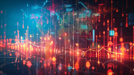 Fototapeta premium Abstract representation of global economic growth with interconnected world map, arrows, and financial symbols