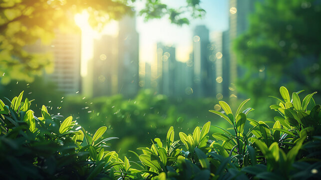 Artistic depiction of a vibrant green forest with a blurry background of eco-friendly buildings and infrastructure, showcasing sustainable living in harmony with nature