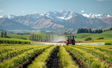 Tractor Spraying Crops in a Green Valley With Snow-Capped Mountains