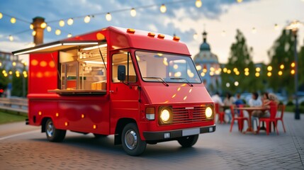 Red food truck with lights and outdoor seating, people mingling at sunset, creating a lively and warm atmosphere, capturing the charm of street food culture