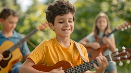 Group of kids with various musical instruments practicing outdoors, sunny day with a forest backdrop, emphasizing the fun and learning of music camp, vibrant and lively