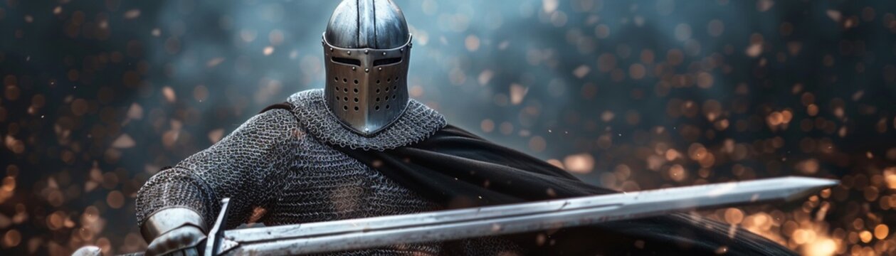 Templar knight with a cape, wielding a gleaming sword, striking a heroic pose, capturing the essence of medieval bravery and  Ready to Rock  in a chivalric context, vivid and powerful