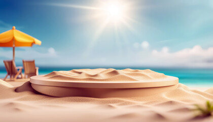 Beach podium summer background sand product 3D sea display platform. Beach podium summer banner stand scene sale sky holiday vacation stage water island sun travel pedestal promotion presentation ad.