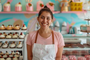 Smiling portrait of a young Hispanic woman working in dessert shop