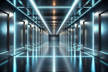 Fototapeta premium Futuristic Spaceship Interior With Blue Glowing Lights