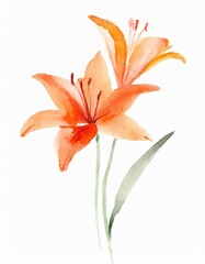 Hand drawn watercolor orange lily flower isolated on white background