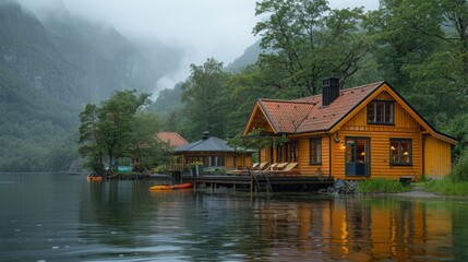 Fototapeta premium A picturesque scene of wooden cabins nestled on the edge of a serene lake, surrounded by lush greenery and towering mountains shrouded in mist.