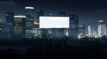 Obraz premium Blank White Billboard with Outdoor Nighttime Cityscape View: Ideal for Illuminated Urban Advertising and Promotional Displays