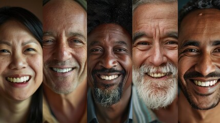 A collection of portrait shots capturing the genuine smiles of both men and women, their eyes sparkling with joy and warmth, creating a sense of connection with the viewer. 