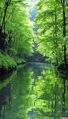 Fototapeta premium Tranquil jungle river reflecting lush greenery amidst dense foliage, creating a serene natural scene