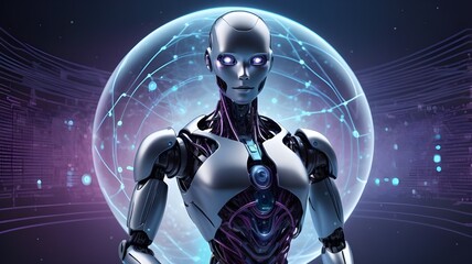 Futuristic robot with glowing blue eyes standing in front of a digital globe, representing artificial intelligence, technology, innovation, and data connectivity.