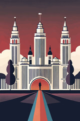 Fototapeta premium Explore the charm of European architecture and wine with this vibrant poster. Featuring iconic French vineyards, wine bottles, glasses, and a sommelier, perfect for celebrating wine festivals and prom