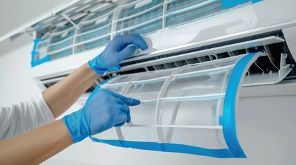 man hand hold air conditioner filter cleaning concept