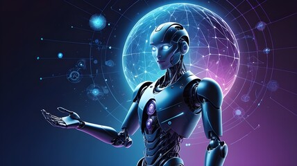 Futuristic robot with glowing blue eyes standing in front of a digital globe, representing artificial intelligence, technology, innovation, and data connectivity.