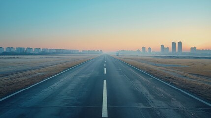 Obraz premium Empty Road Leading Towards A City Skyline During Sunrise