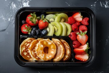 Healthy breakfast meal prep with pancakes and fruit