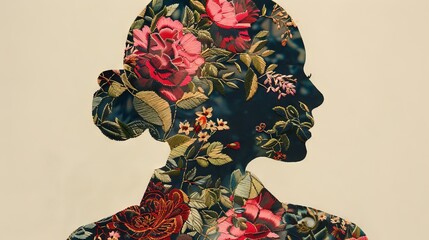 Surreal colorful double exposure portrait of a woman combined with flowers.