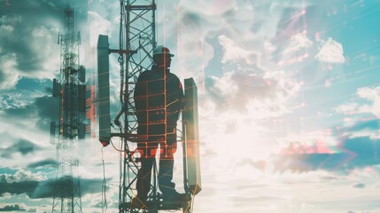 Telecommunication tower with a worker repairing antennas at sunset