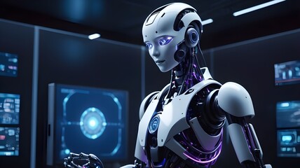 Futuristic robot with glowing blue eyes standing in front of a digital globe, representing artificial intelligence, technology, innovation, and data connectivity.