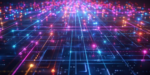 Fototapeta premium A futuristic pixel art illustration of a digital grid matrix, with neon-colored nodes arranged in a geometric pattern against a dark backdrop, showcasing the beauty of modern technology.