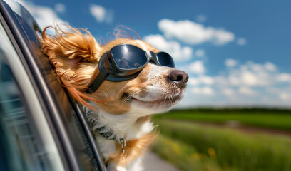 A happy dog wearing goggles sticking its head out of a car window on a car ride