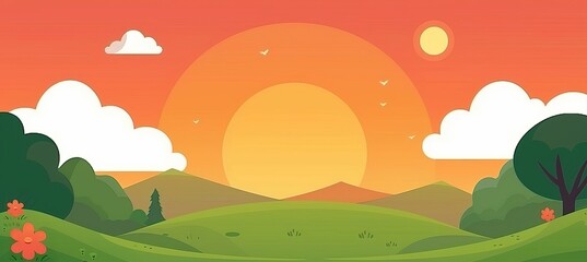 Obraz premium Tranquil rural scene rolling hills and vibrant sunset, perfect for overlaid text in the sky