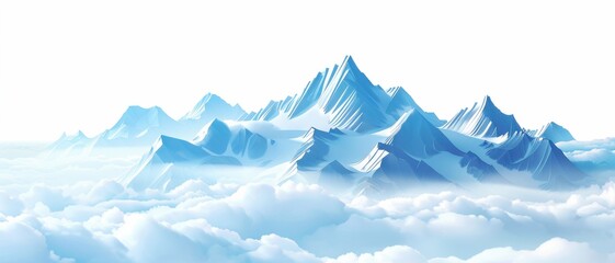 Fototapeta premium Snow-covered mountains rise above a sea of clouds in a calm, serene atmosphere.