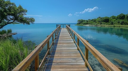 Naklejka premium Wooden dock extends into clear blue water, revealing the shallow bottom. Lush trees and foliage surround under a bright blue sky.