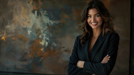 Fototapeta premium Confident, Happy, And Smiling, A Businesswoman Stands With Her Arms Crossed, Ready To Conquer Challenges