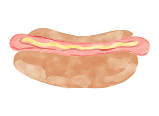 Hand-drawn watercolor illustration of a hotdog isolated on a white background.