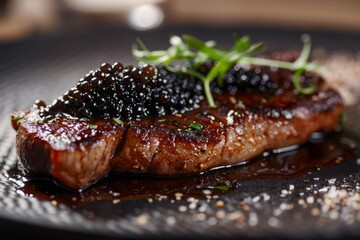 Close up of a steak served on plate with caviar