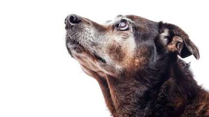 Senior mixed breed dog in side view gazing upwards against white background with space for text