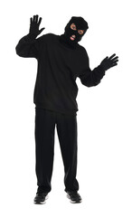 Emotional thief in balaclava raising hands on white background