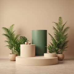 Naturethemed Green Podium on Beige Background  3D Illustration