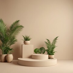 Naturethemed Green Podium on Beige Background  3D Illustration