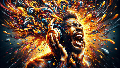 The image conveys the rhythm and emotions of music through abstract colors and shapes. Spirals of vibrant hues represent music’s harmony and emotional depth, illustrating its profound effect on us.