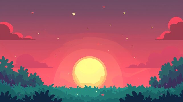 Serene countryside vista with rolling hills and colorful sunset, ideal for text overlay on the sky