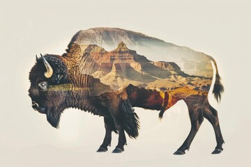 A digitally created image of a sturdy bison, featuring a double exposure effect with a majestic desert mountain landscape, symbolizing the connection between wildlife and their natural habitat.