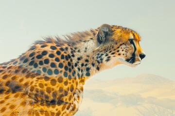 Obraz premium An artistic representation of a cheetah with a desert landscape overlaid on its body, symbolizing the natural habitat of this incredible predator.